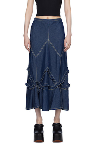 Anna Sui - Navy Ruffle Denim Maxi Skirt | SSENSE