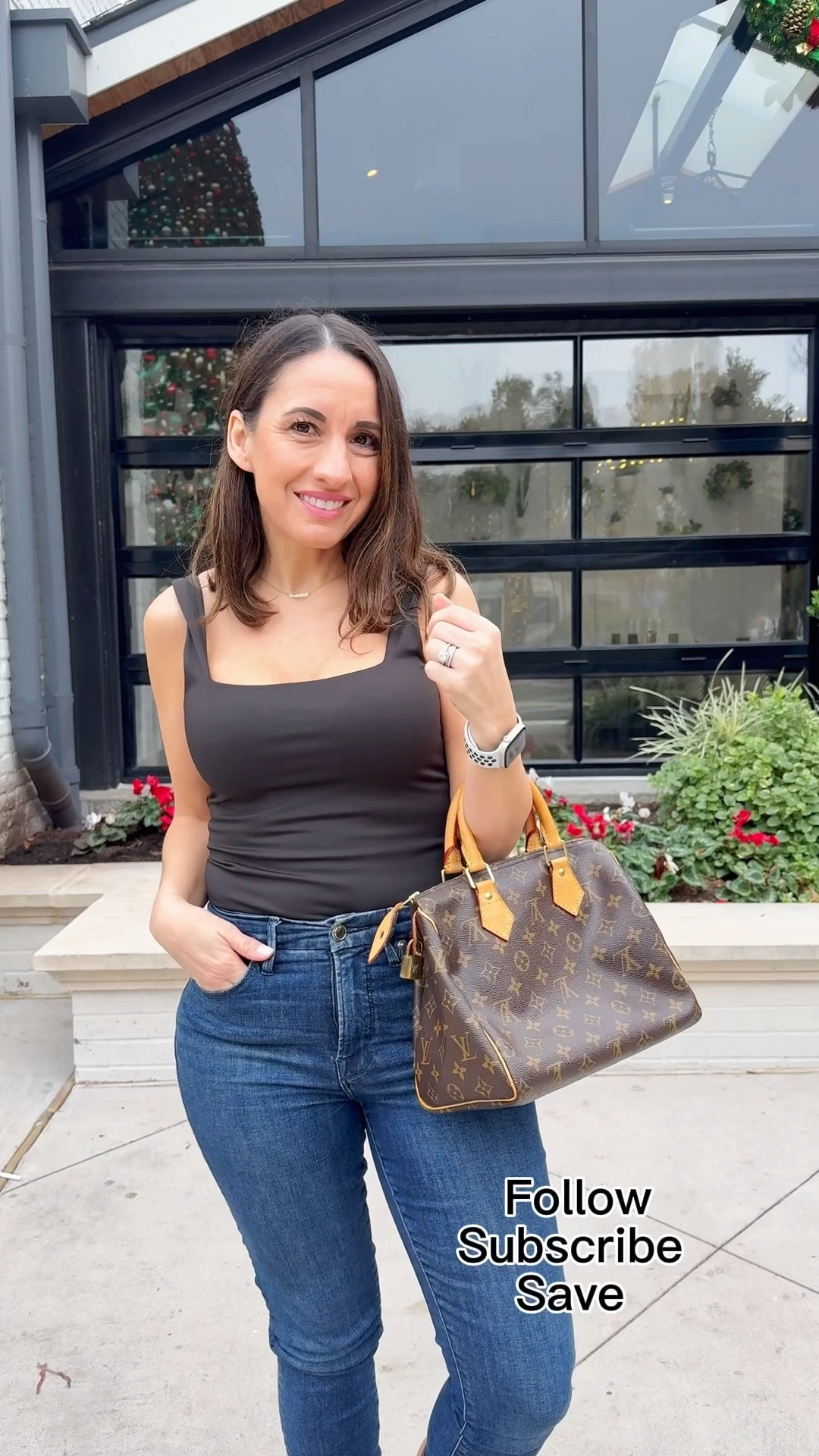 Comfy style. 
Buttery smooth and soft black square neck bodysuit. Runs tts. 
Good American brand jeans fit like a dream. They run tts. 
Taupe/Camel colored Uggs fit like a dream. So warm and cozy. It’s like a hug for my feet. 
Petite style 
Petite outfit 
Fall boots 
Winter boots 

#LTKSeasonal #LTKstorytime #LTKPetite