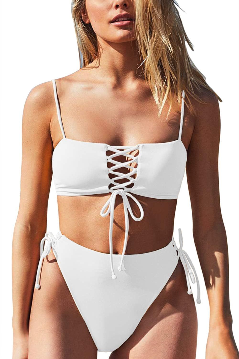 Symptor Women's Sexy Lace-Up Beandeau High Wasited Bikini Set 2PCS Swimsuits | Amazon (US)