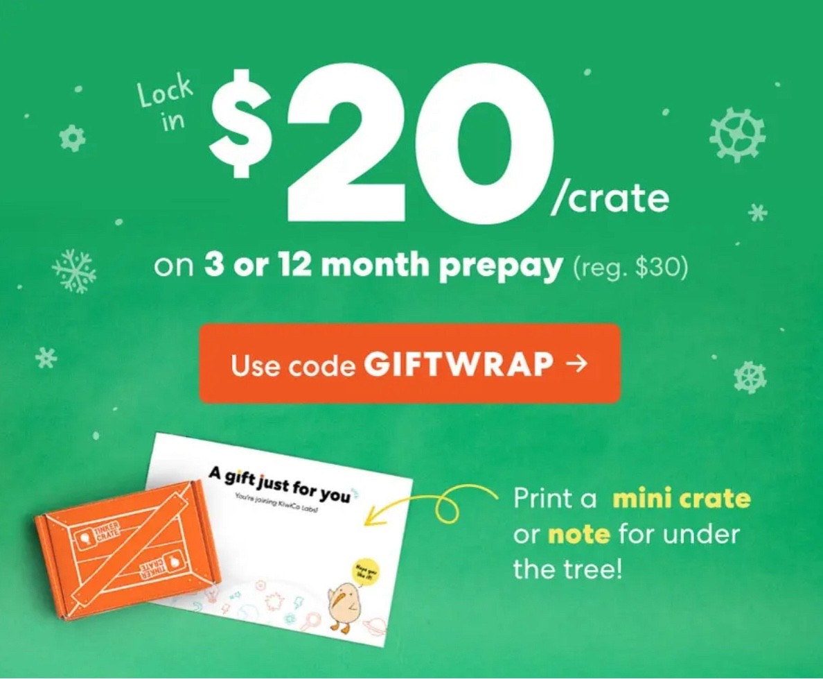 Last Minute Gift Idea for All Ages (Baby, Kid, or Adult)! Purchase and prepay for 3 or 12 months of KiwiCo crates, get a discount, and print out the mini crate to wrap or put in a stocking for Christmas! Use code: GIFTWRAP 

KiwiCo crates have many options for all ages and a variety of interests from STEM to crafts and more!

Gift idea for kids, last minute gift ideas 

#LTKBaby #LTKGiftGuide #LTKKids