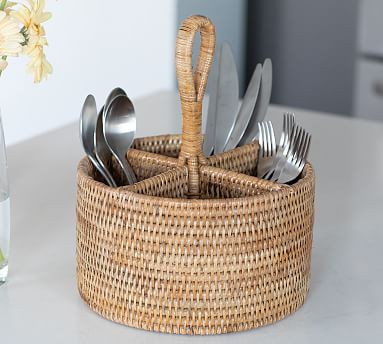 Tava Handwoven Rattan Round Flatware Caddy | Pottery Barn (US)