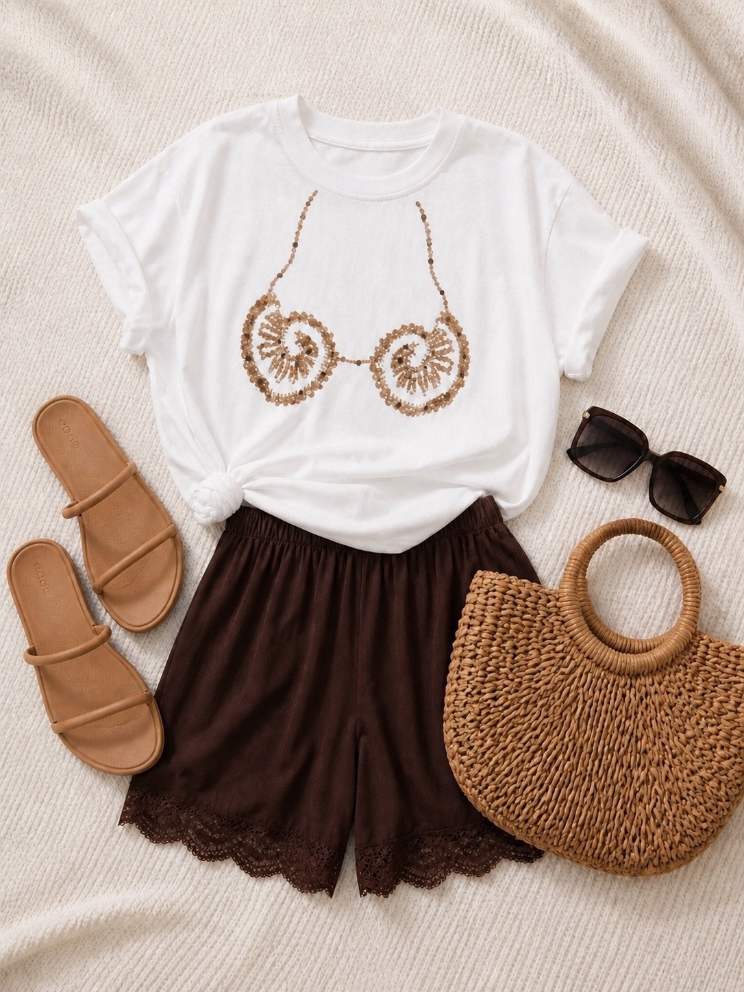 Aerie shell tee and brown satin lace shorts

Summer outfit idea, vacation outfit, rattan bag

#LTKootd