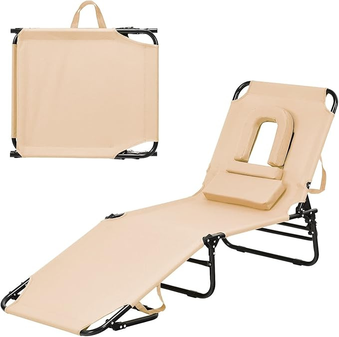 Folding Beach Lounge Chair w/ 5 Adjutable Backrest & Padded Pillow, Sunbathing Lounger Chair, Sun... | Amazon (US)