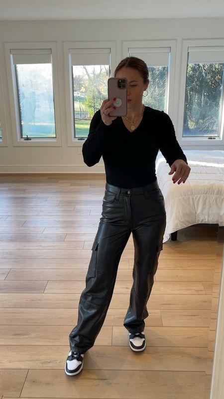Absolutely love these faux leather cargo pants. So comfortable and true to size. Nike dunk fit true to size. Bodysuit fits true to size. 

#LTKshoecrush #LTKunder100 #LTKsalealert