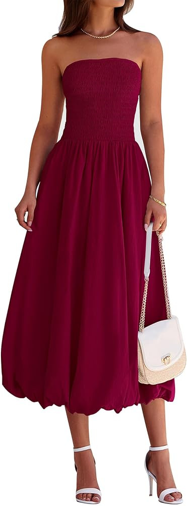PRETTYGARDEN Women's 2025 Summer Strapless Tube Midi Dress Smocked A Line Bubble Long Flowy Casua... | Amazon (US)
