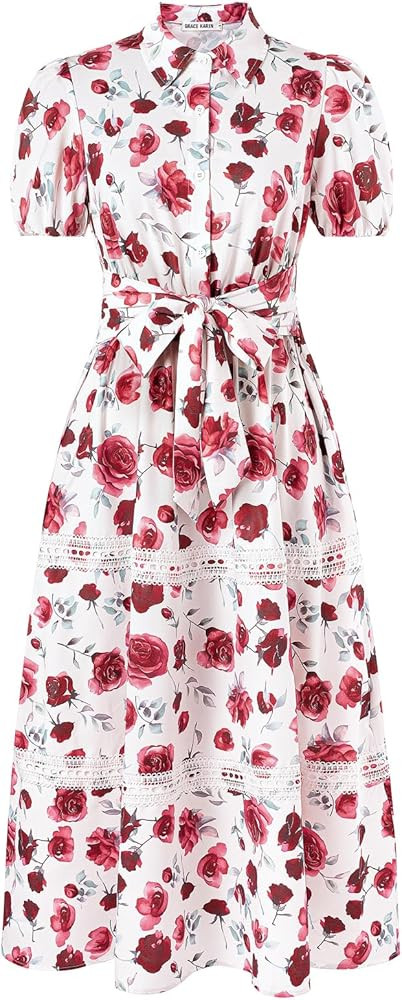 GRACE KARIN Women's 2026 Summer Floral Flowy Dresses Boho Tie Belt Short Puff Sleeve A Line Maxi ... | Amazon (US)