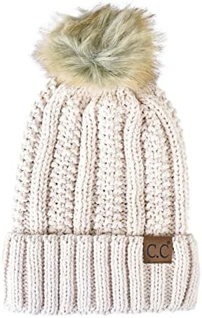 C.C Thick Cable Knit Faux Fuzzy Fur Pom Fleece Lined Skull Cap Cuff Beanie | Amazon (US)