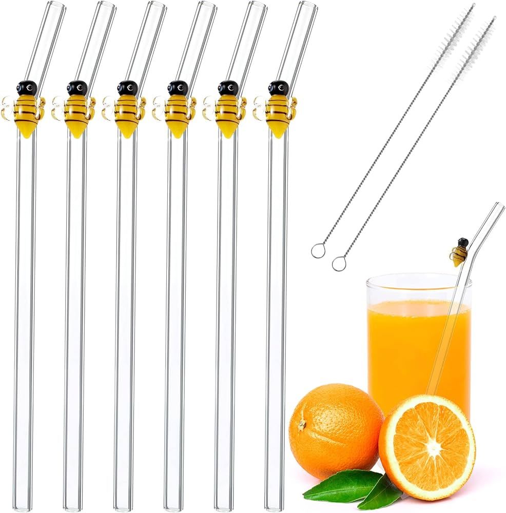 6 Pcs Reusable Glass Straws, Cute Bee on Clear Straws with Design 7.9 In x 8 Mm Colorful Shatter ... | Amazon (US)