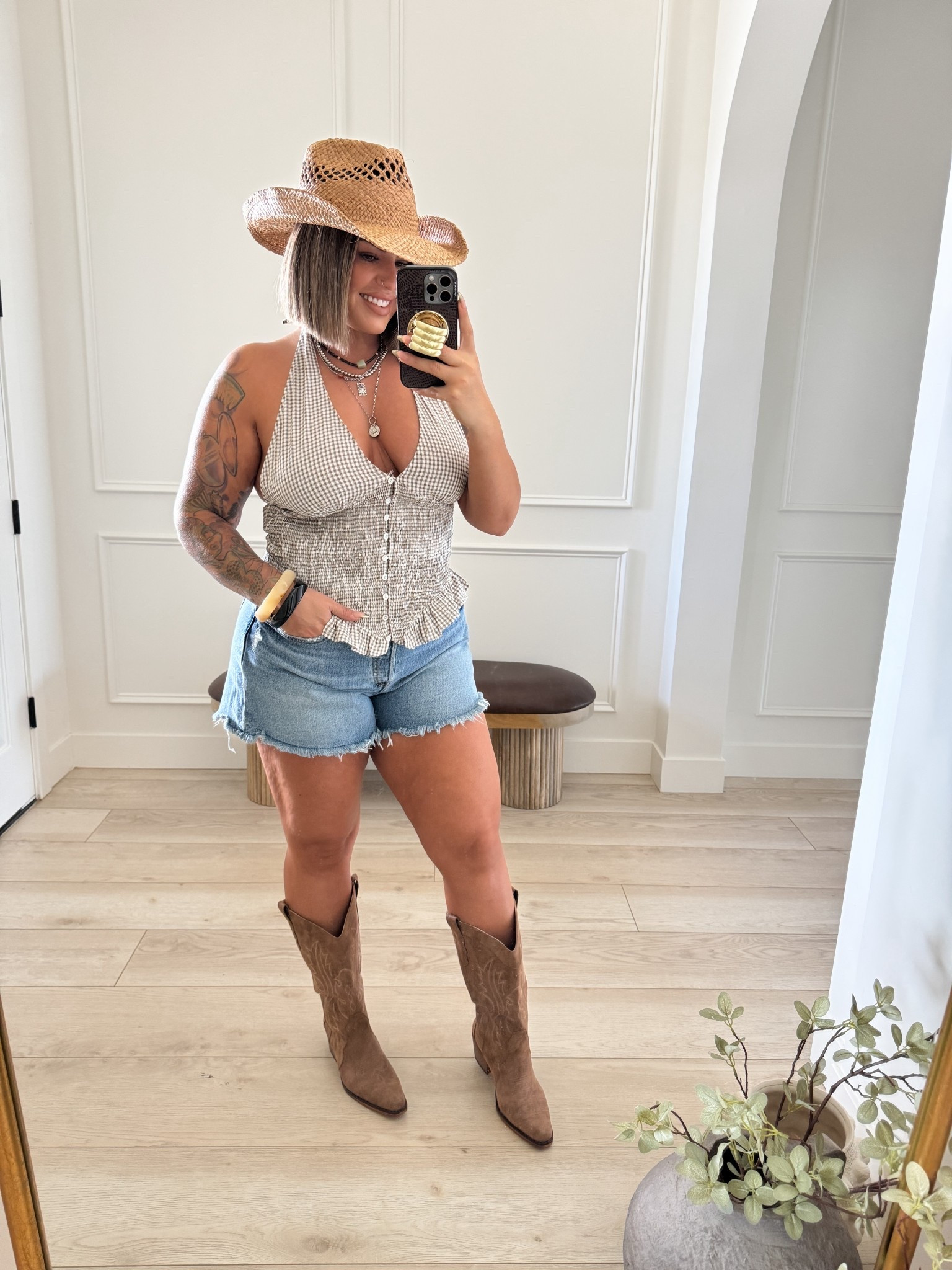 Top L 
Shorts I recommend sizing up 2 sizes I’m doing a 33 I’m usually a 31 I hate my shorts being tight. Levis run small too. 
Boots tts 
#CountryConcert #Western #DenimShorts #ConcertOutfits #CowboyHat #Cowgirl  ￼

#LTKMidsize #LTKootd #LTKspring