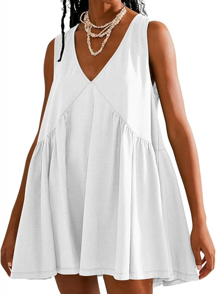 Womens Summer Sleeveless Mini Dress Casual Loose V Neck Sundress Cute V Neck Flowy Hem Vacation D... | Amazon (US)