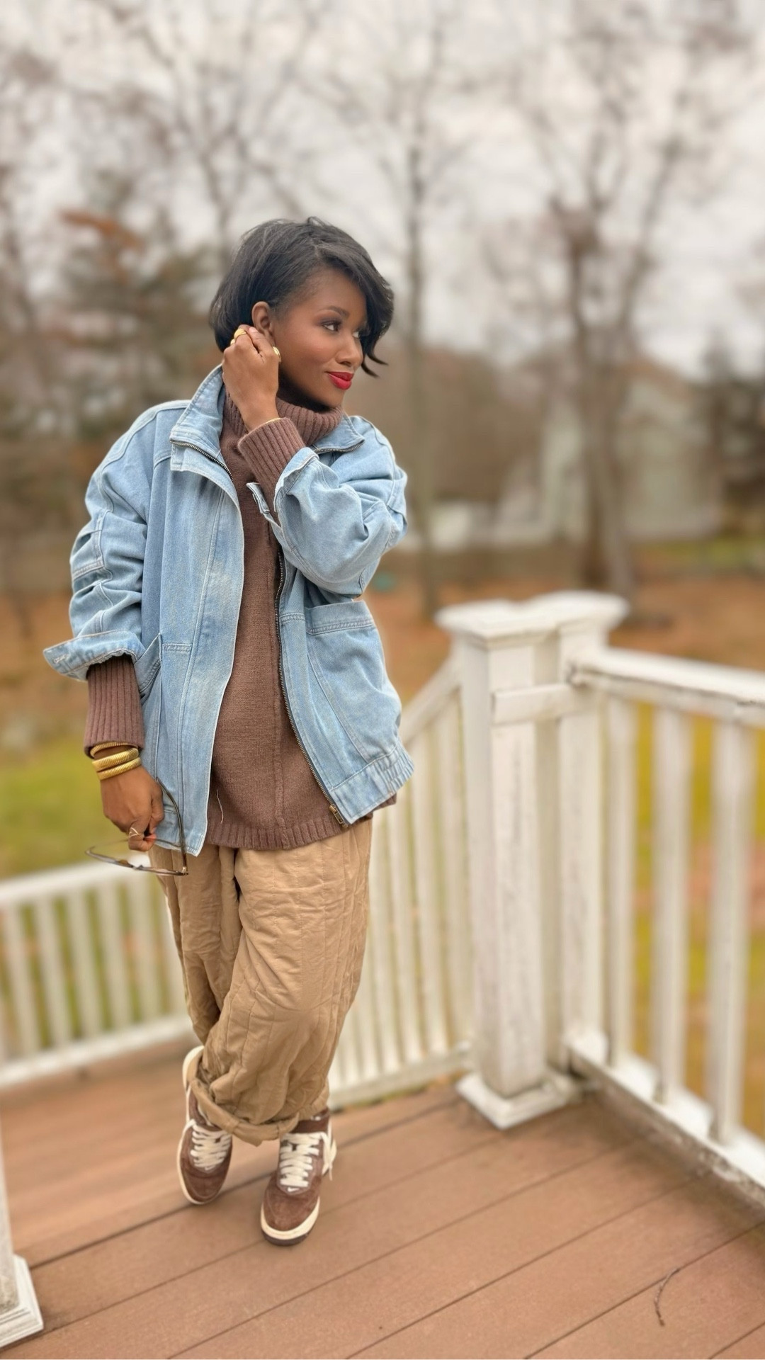 Cozy layers are carrying me right now. Oversized denim, a soft brown knit, easy neutral pants, and my favorite gold accessories. Such an easy outfit for weekend errands or doing the most with the kids in the Boston-area. Everything is linked so you can shop the full look.#LTKCyberWeek 

#LTKOver40 #LTKSeasonal