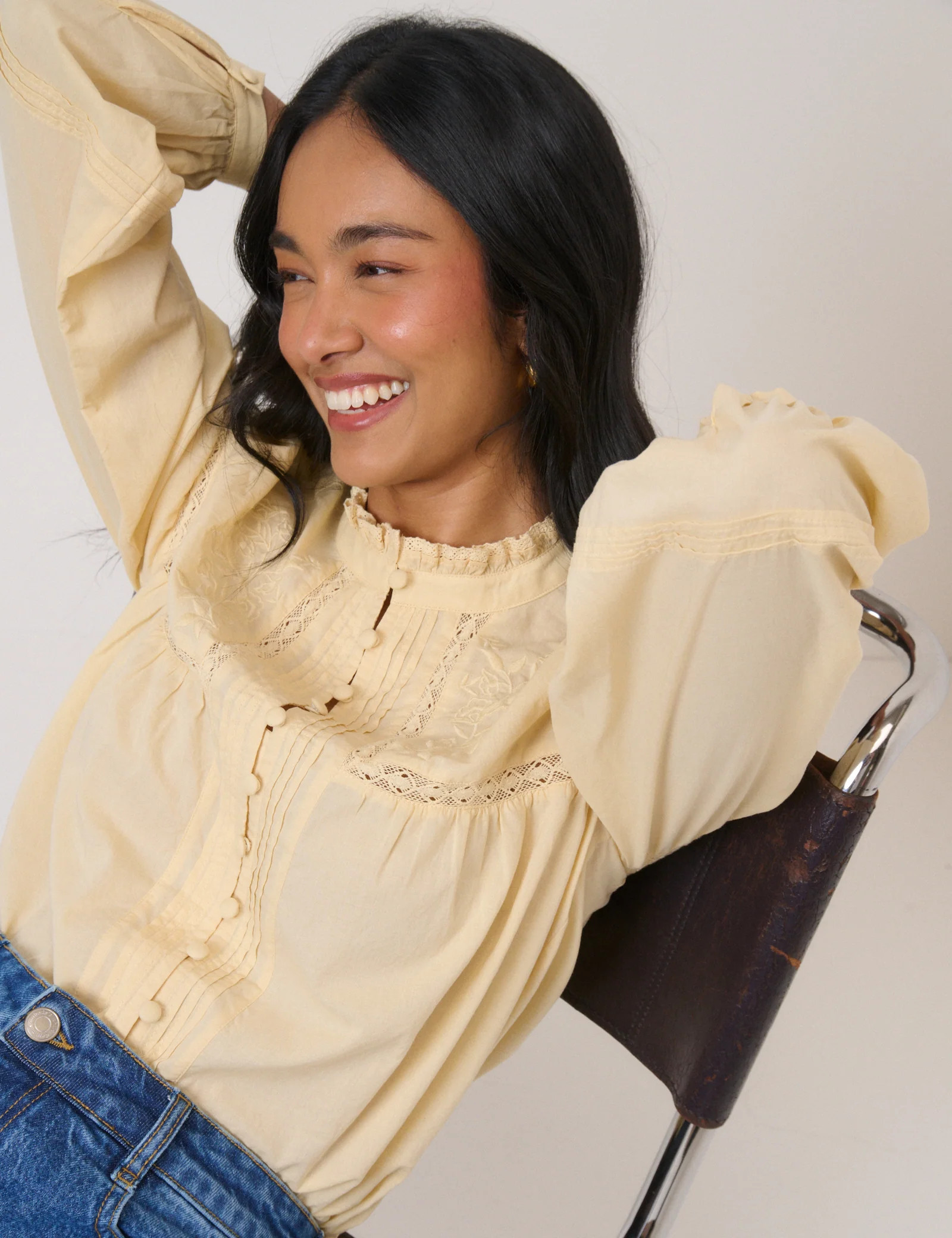 Butter Yellow Floral Embroidered High Neck Blouse | Nobody's Child