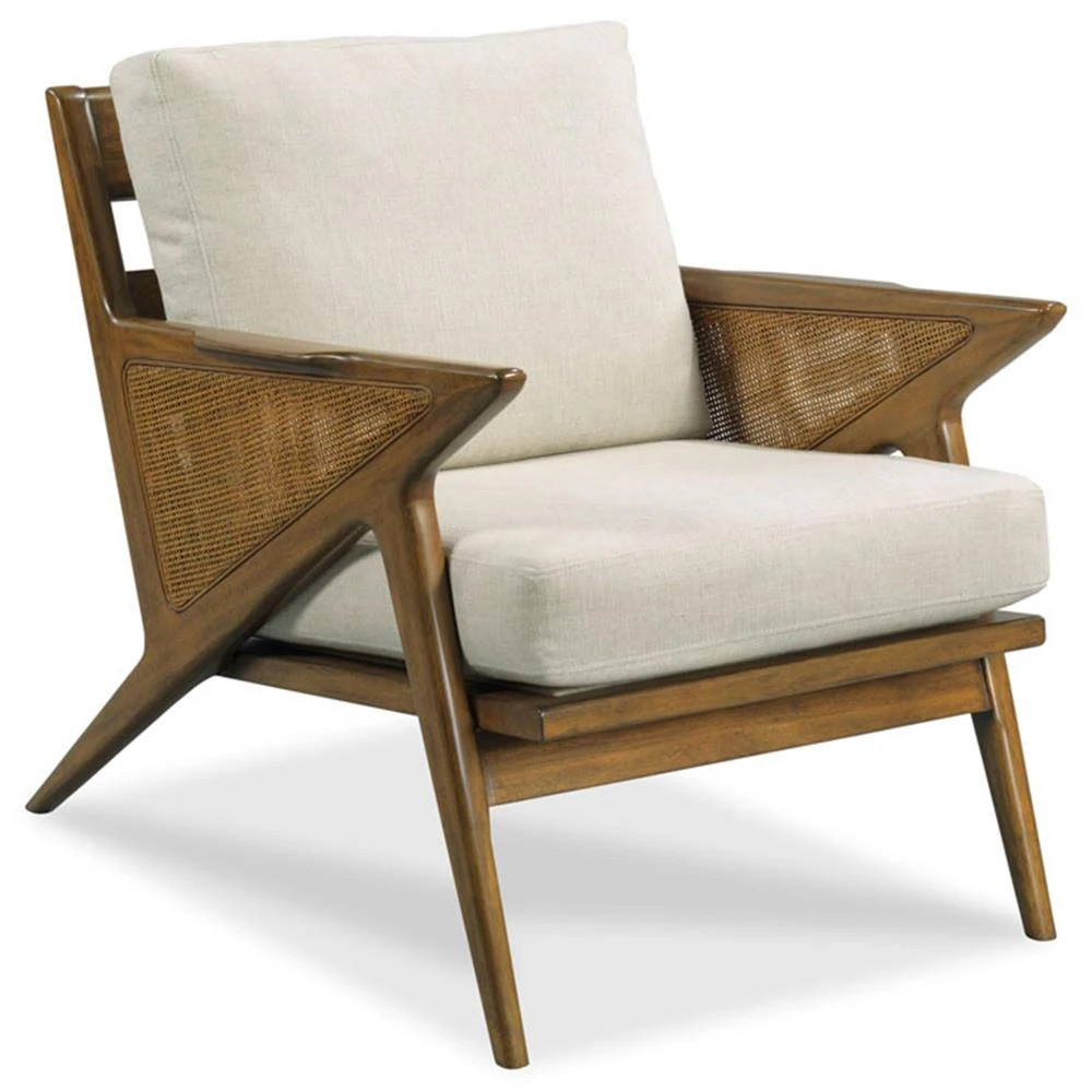 Erik Coastal Hazelnut Brown Wood Off White Linen Woven Cane Arm Chair | Kathy Kuo Home