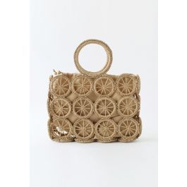Wheel Shaped Woven Straw Handbag in Caramel | Chicwish