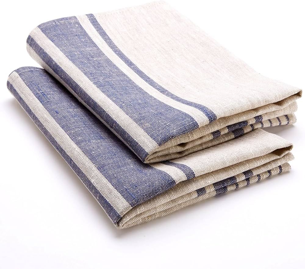LINENVIBE Pure Linen Kitchen Tea Towels Set of 2 Flax Dish Towels 17 x 27 inches with Navy Blue F... | Amazon (US)