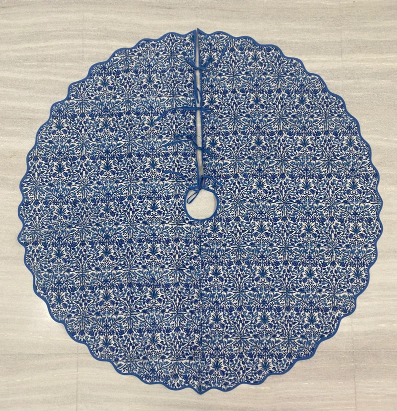 Tree Skirt, Indian Floral Hand Block Printed Piping Scallops Cotton Cloth Christmas Tree Skirt, F... | Etsy (US)