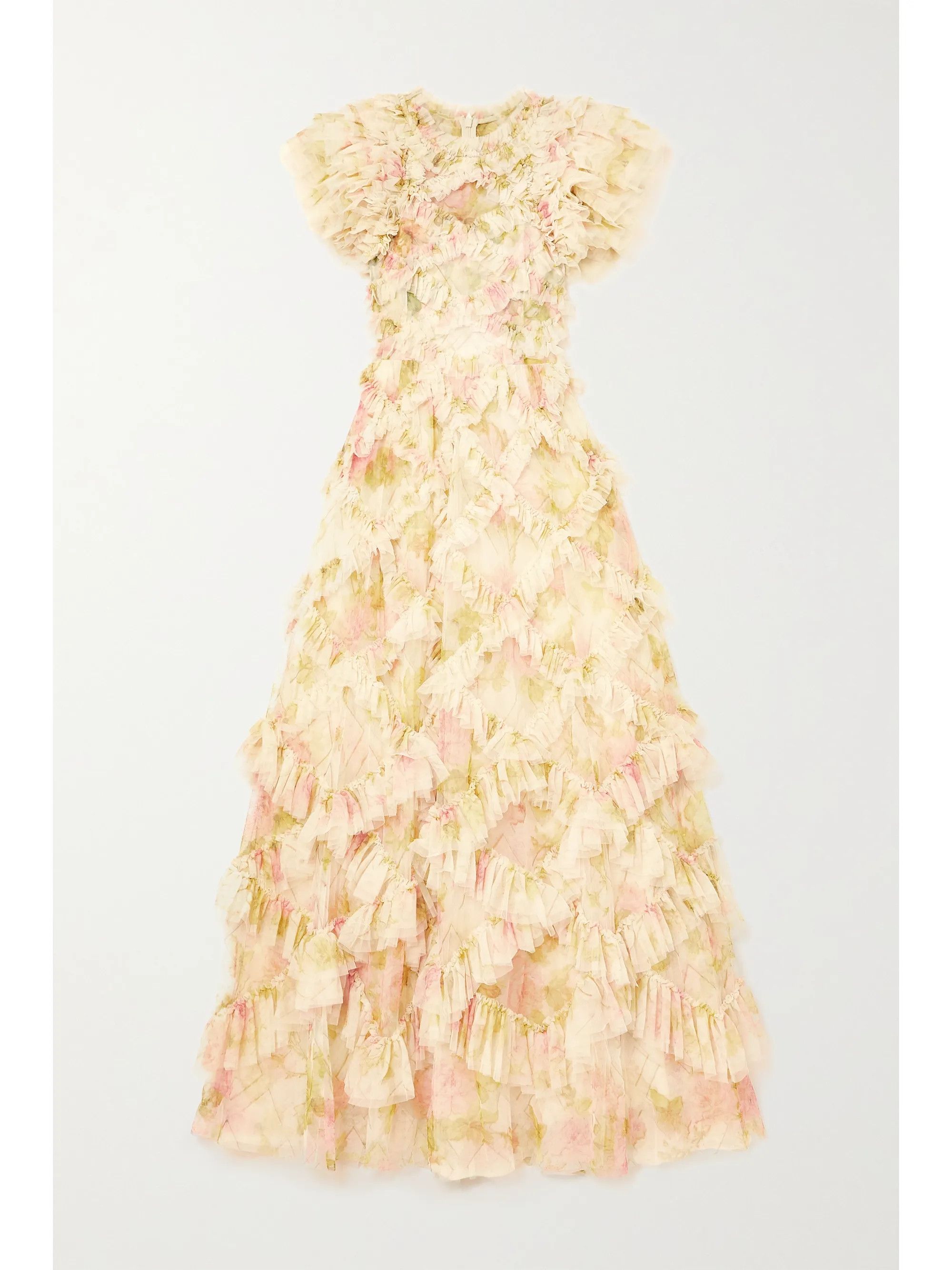 Ecru Genevieve Rose ruffled floral-print tulle gown | Needle & Thread | NET-A-PORTER | NET-A-PORTER (US)