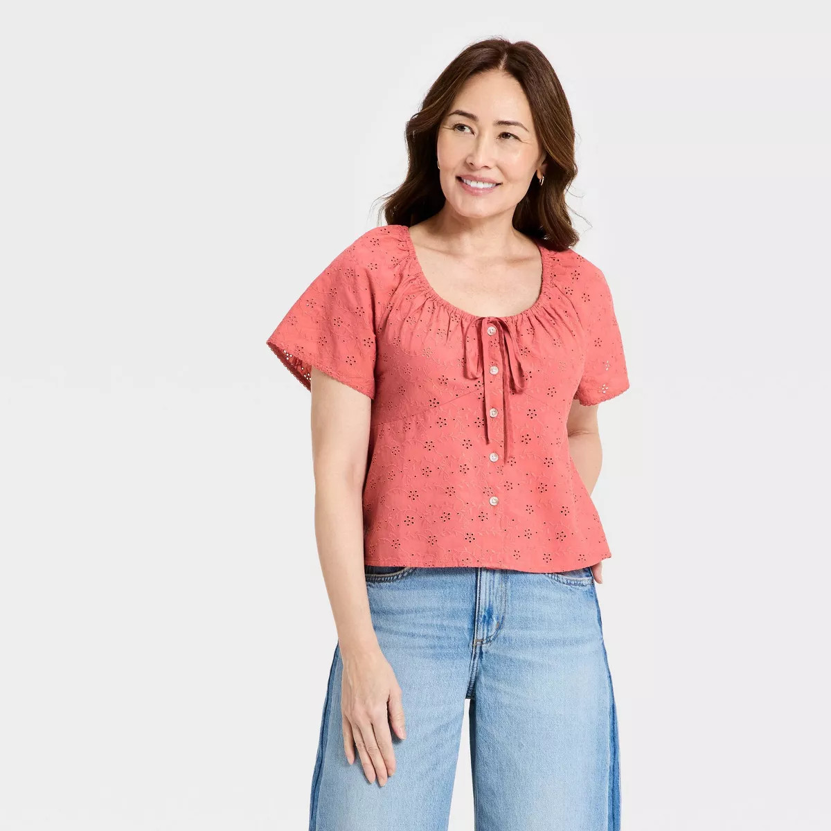 Women's Short Sleeve Eyelet Scoop Neck Blouse - Universal Thread™ Pink M | Target