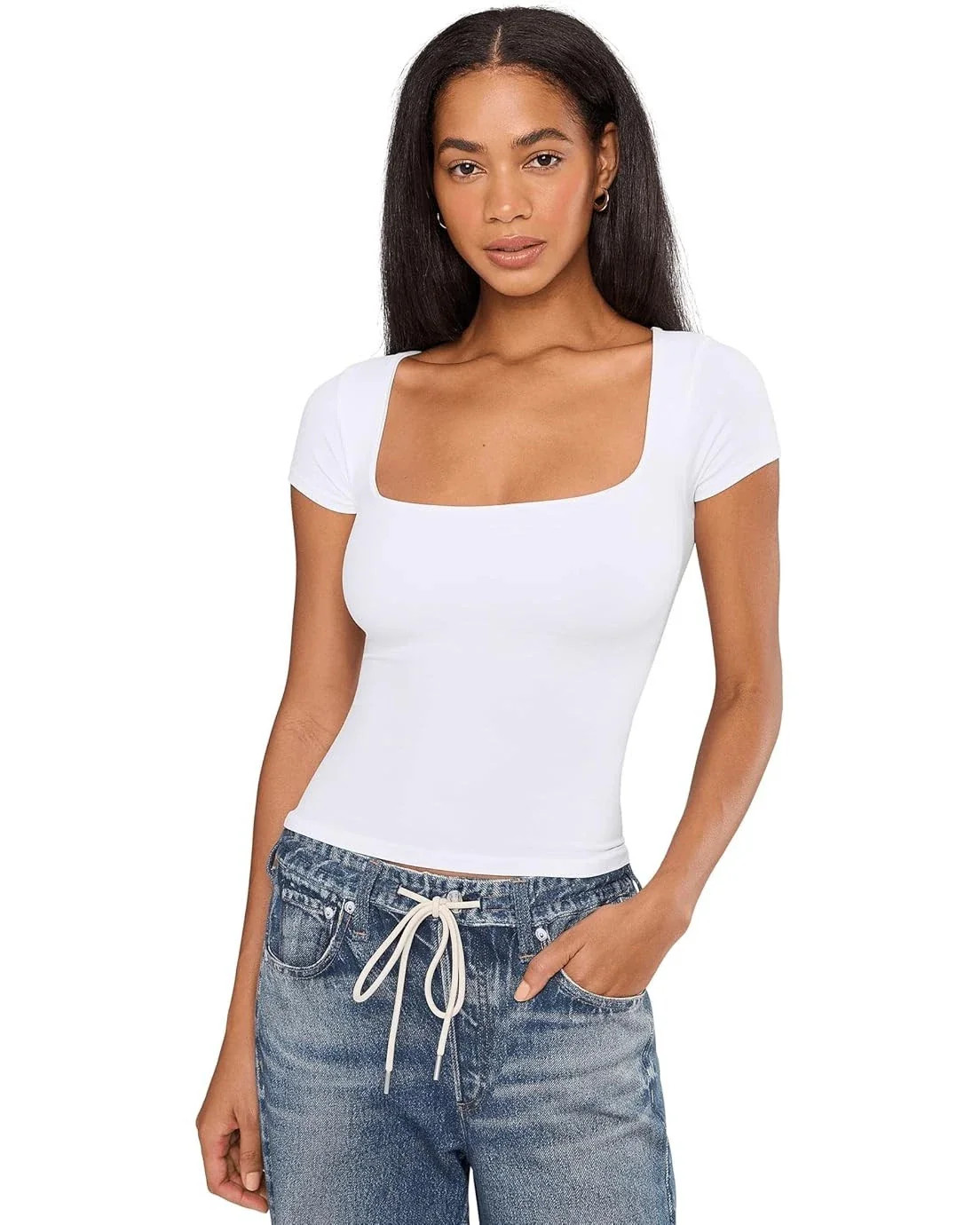 Free People Clean Lines T-Shirt Women's M/L White Seamless Square Neck DDR2493 | Shop Simon