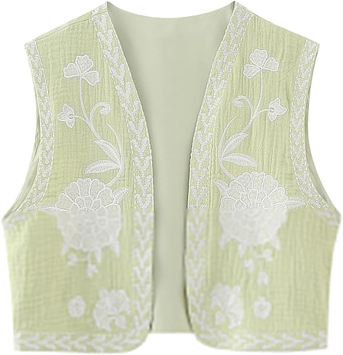 Women's Vintage Embroidered Floral Vest Y2k Sleeveless Linen Open Shirt Blouse Fashion Crochet Fl... | Amazon (US)