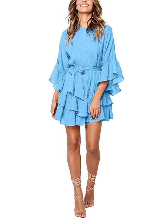 NERLEROLIAN Women Tunic Tshirt Dress Casual Loose Style Mid Sleeve Ruffle Belt Mid Sleeve Dress | Amazon (US)