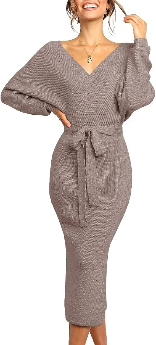 Chang Yun Women's Long Maxi Sweater Dresses Sexy Wrap Batwing V Neck Slit Open Back Holiday Bodycon  | Amazon (US)