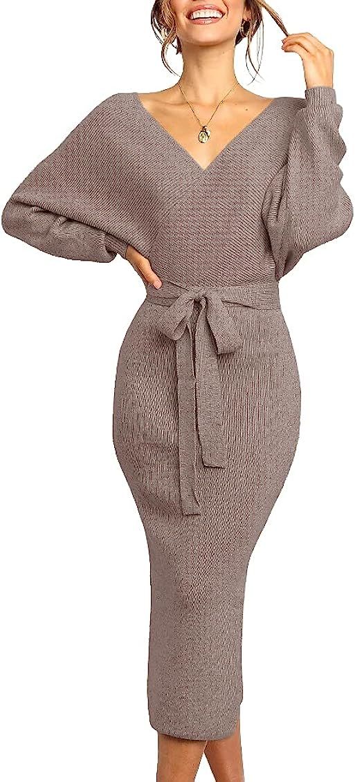 Chang Yun Women's Long Maxi Sweater Dresses Sexy Wrap Batwing V Neck Slit Open Back Holiday Bodycon  | Amazon (US)
