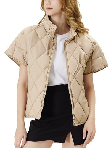 Ogfao Women's Puffer Vest Short Sleeves Lightweight Outerwear Vests Quilted Jacket Coat with Pockets Khaki XL | Amazon (US)