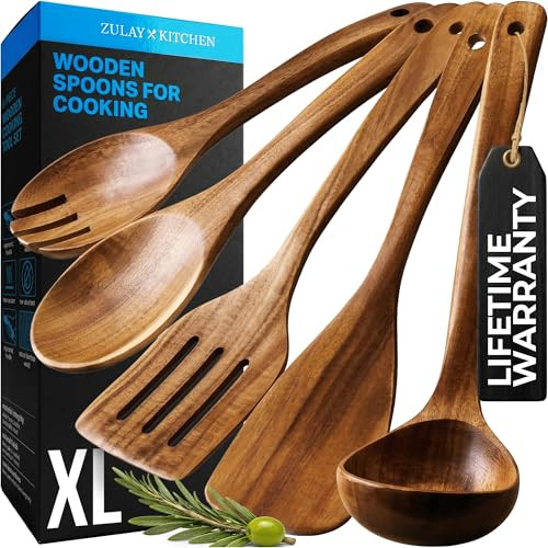 Zulay Kitchen Extra-Large 5-Piece Wooden Spoon Set - Smooth Teak Cooking Utensils - Comfort-Grip Non-Stick Turner, Spatula, Skimmer, Fork, Serving Spoon | Amazon (US)