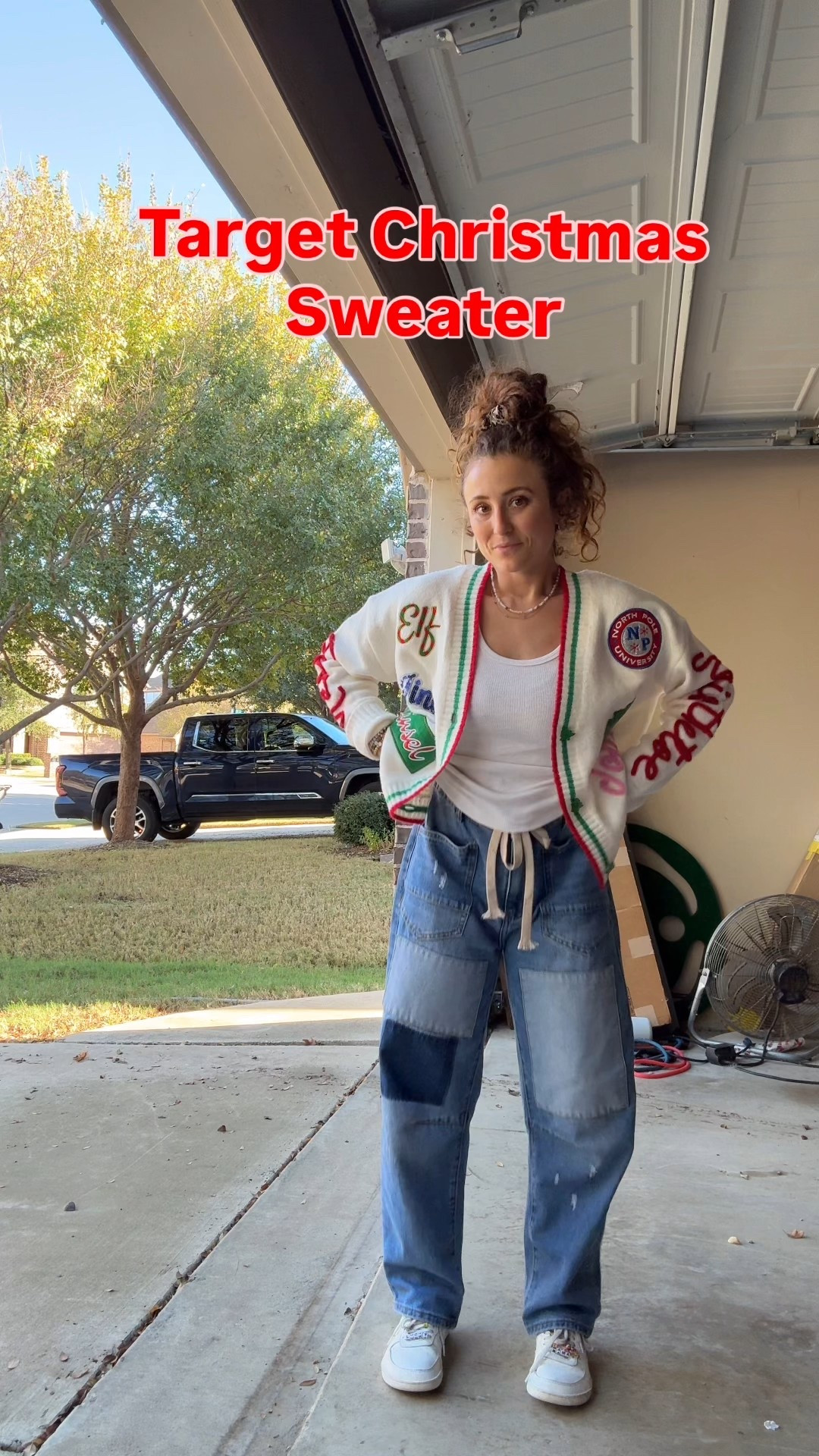 Wearing a small in sweater and jeans 