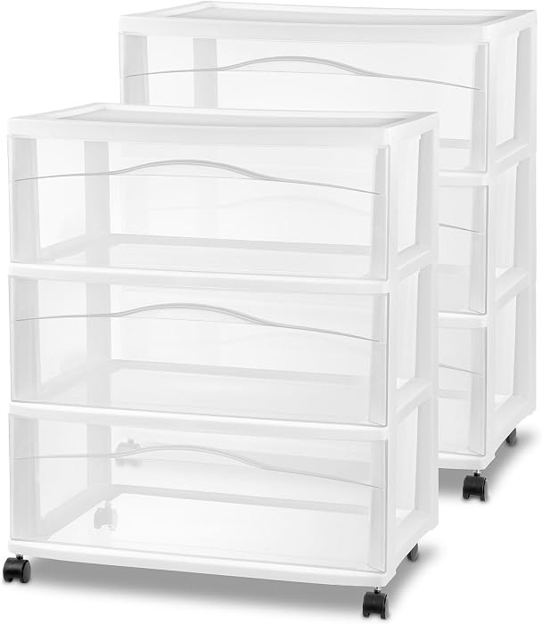 Sterilite 2-Pack Wide 3-Drawer Cart, Storage Closet Organizer with Wheels, White - Plastic Drawer... | Amazon (US)