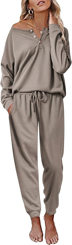 Ekouaer Pajamas Women's Waffle Knit Sleepwear Long Sleeve Top with Pants Casual Pjs Loungewear Se... | Amazon (US)