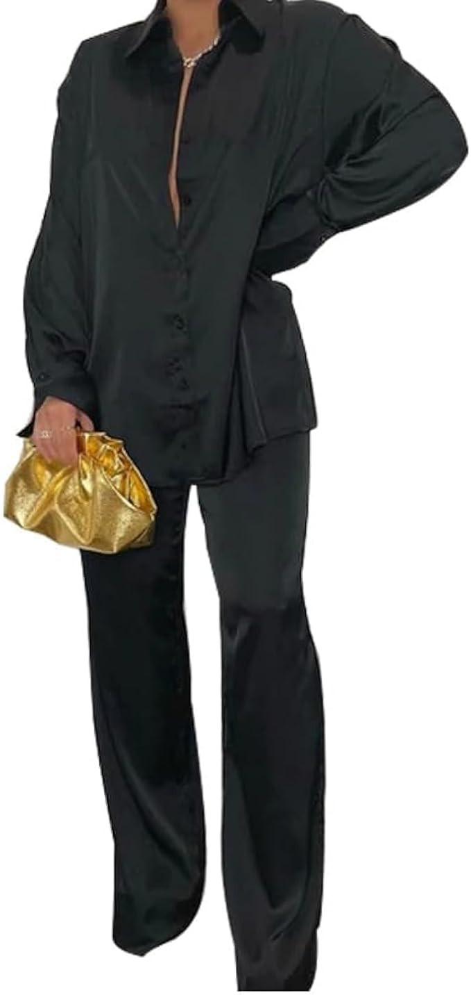 Satin Two Piece Outfits for Women Long Sleeve Lapel Button Down Tops Wide Leg Pants Pajama Set | Amazon (US)