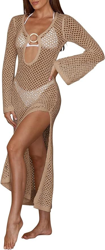 Saodimallsu Womens Crochet Cover Ups Sexy Mesh Long Sleeve Knit Y2K Split Ring Swimsuit Coverup L... | Amazon (US)