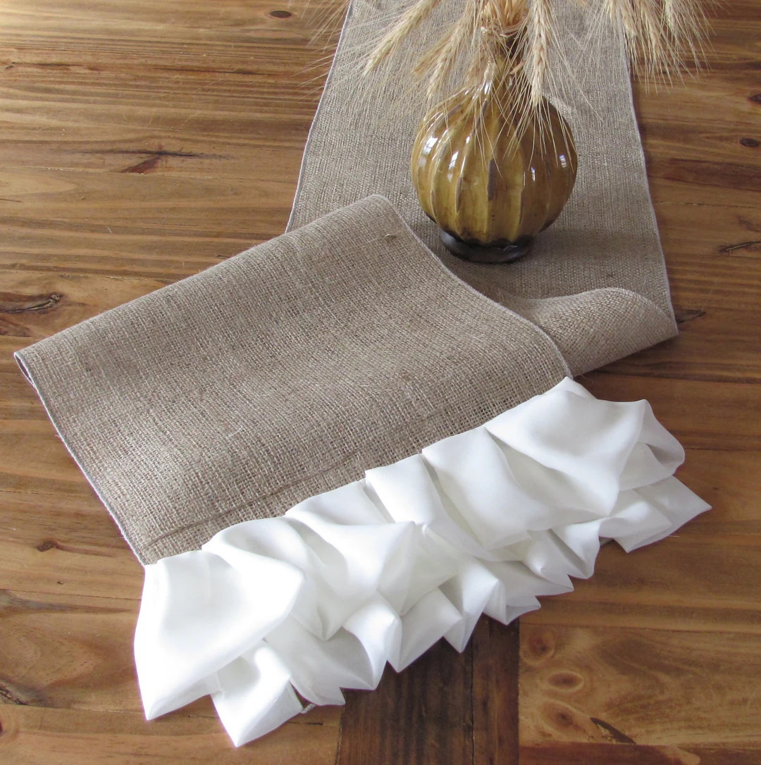 Burlap table runner with white chiffon ruffles - Select A Size | Etsy (US)