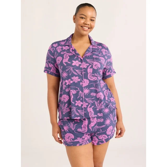 Joyspun Women’s Notch Collar Top and Shorts Pajama Set with Piping, 2-Piece, Sizes XS-3X | Walmart (US)