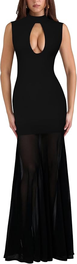 Women's Mesh Sheer Sleeveless Long Dress Mock Neck Bodycon Flowy Cocktail Party Maxi Dress | Amazon (US)