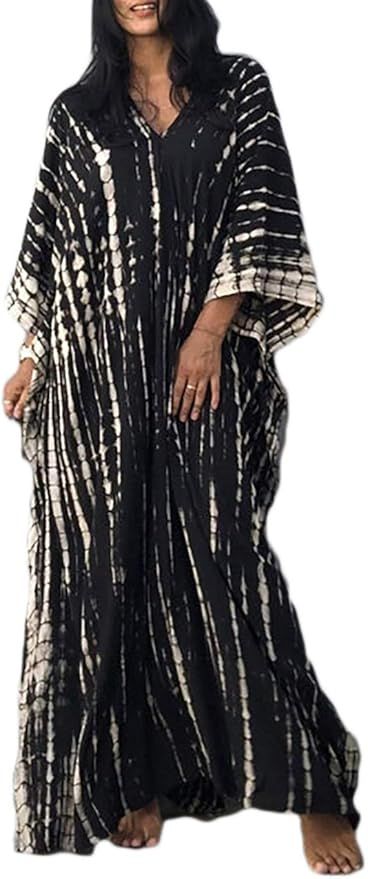 Bsubseach Women Print Beach Kaftan Dress Short Sleeve Plus Size Bathing Suit Cover Ups | Amazon (US)