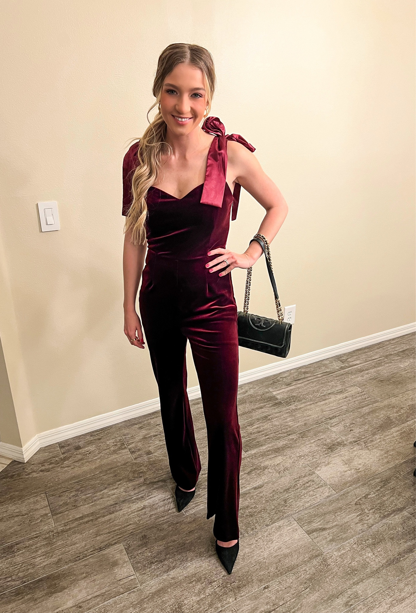 In love with this beautiful velvet jumpsuit! The bow straps are to die for  This was perfect for our Valentine’s date and is such a great outfit for a wedding guest, rehearsal dinner guest, girl’s night, date night, etc! 

#LTKstyletip #LTKwedding #LTKfindsunder100