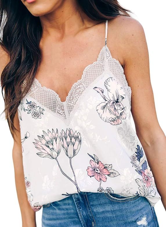 Happy Sailed Womens V Neck Printed Lace Trim Cami Tank Tops Strappy Camisole Shirts | Amazon (US)