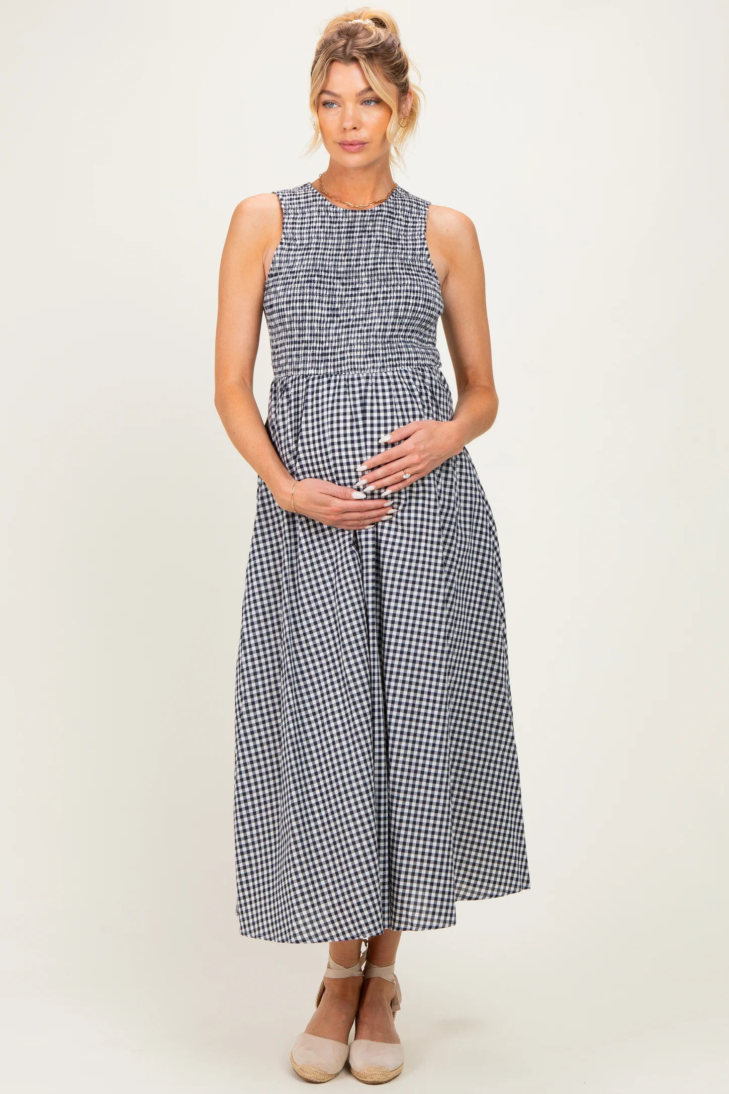 Navy Gingham Smocked Cutout Tie Back Maternity Maxi Dress | PinkBlush Maternity