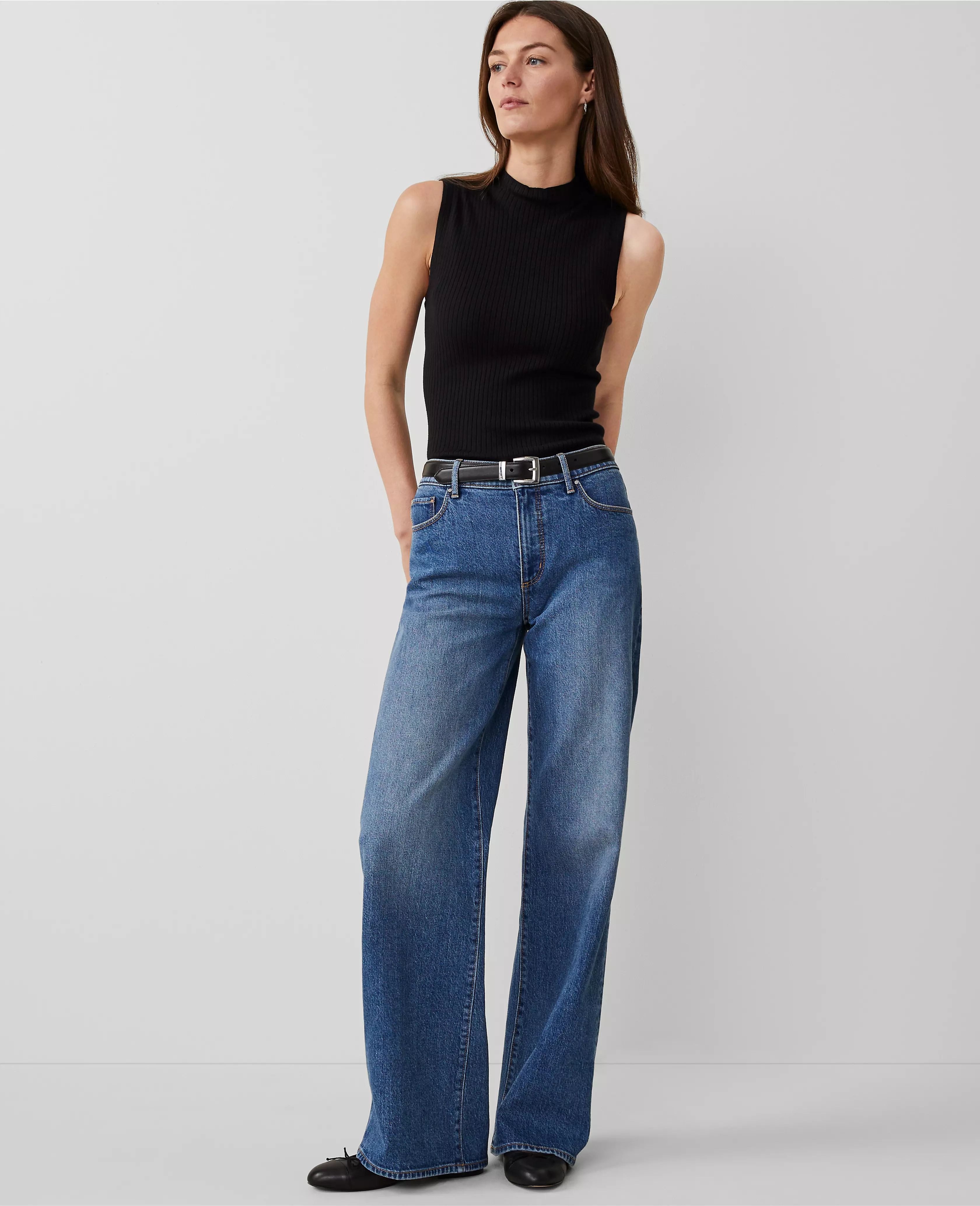 Petite Mid Rise Wide Leg Jeans in Original Medium Stone Wash | Ann Taylor (US)