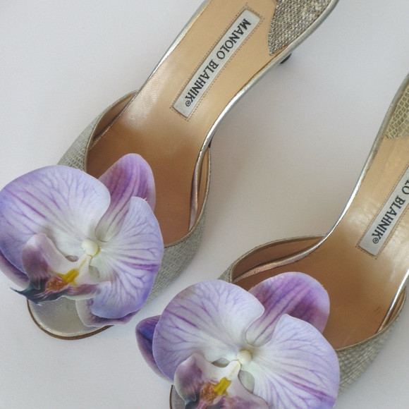 Reworked Upcycled Manolo Blahnik Silver and Purple Orchid Heels | Poshmark
