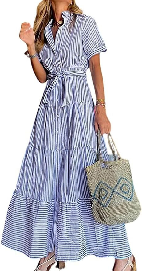 utcoco Womens Casual Short Sleeve Button Down Tie Waist Ruffled Striped Maxi Shirt Dress | Amazon (US)