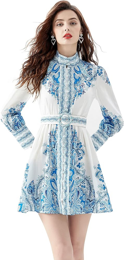 LAI MENG FIVE CATS Women's Floral Print Button up Lantern Sleeve Casual Shirt Dress A-line Mini D... | Amazon (US)