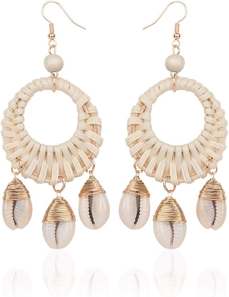 Rattan Straw shell Dangle Earrings Boho Wicker Woven Handmade Earrings Lightweight Geometric Drop... | Amazon (US)