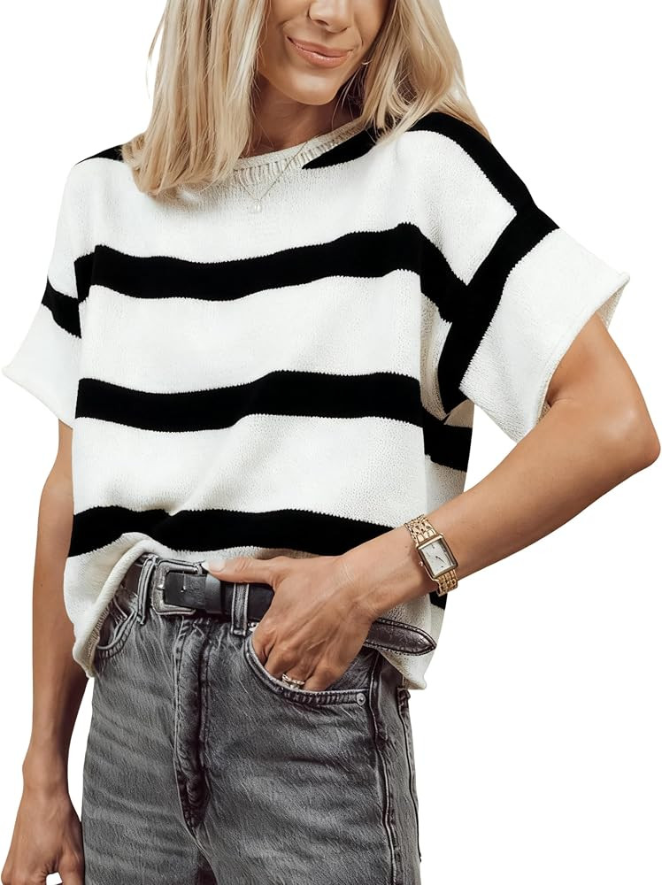 Yeokou Women Summer Striped Knit Pullover Crewneck Short Sleeve Casual Lightweight Sweater Tops R... | Amazon (US)
