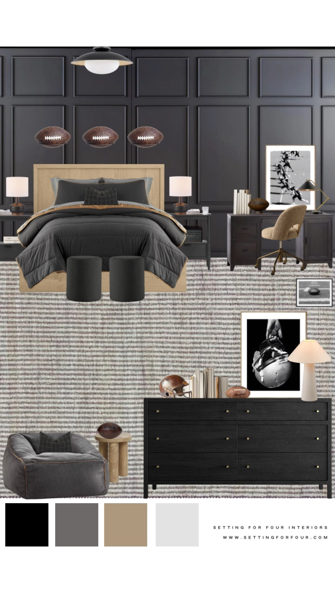 Stylish boys bedroom with desk and lounge area-  design and decor ideas, !football theme, teen bedroom, kids room, flush mount light, black, beige and white, comforter, bedding, desk, desk chair, wood bed, homework area, study zone, nightstands, lounge chair, end table, table lamps, boy, teenager, wall art, organic modern, minimalist, transitional, Pottery Barn style, Crate & Barrel, Amazon, Walmart, Target, neutral aesthetic

#LTKhome #LTKsale #LTKkids