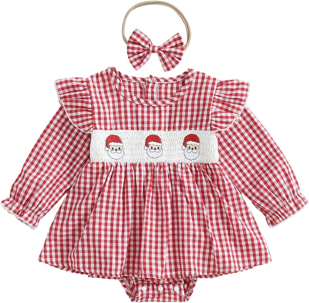 Infant Girl Santa Romper Dress Long Sleeve Smockced Christmas Tree Gingham Bodysuit 2Pcs Newborn ... | Amazon (US)