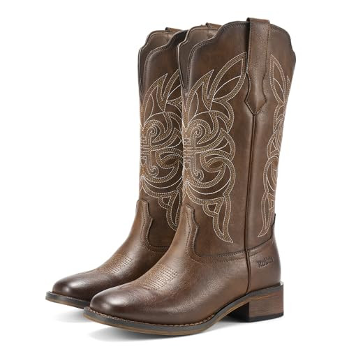 Rollda Cowgirl Boots Cowboy Boots for Women Square Toe Mid Calf Western Boots Ladies Fashion Boots with Chunky Heel Bronze Size 7 | Amazon (US)